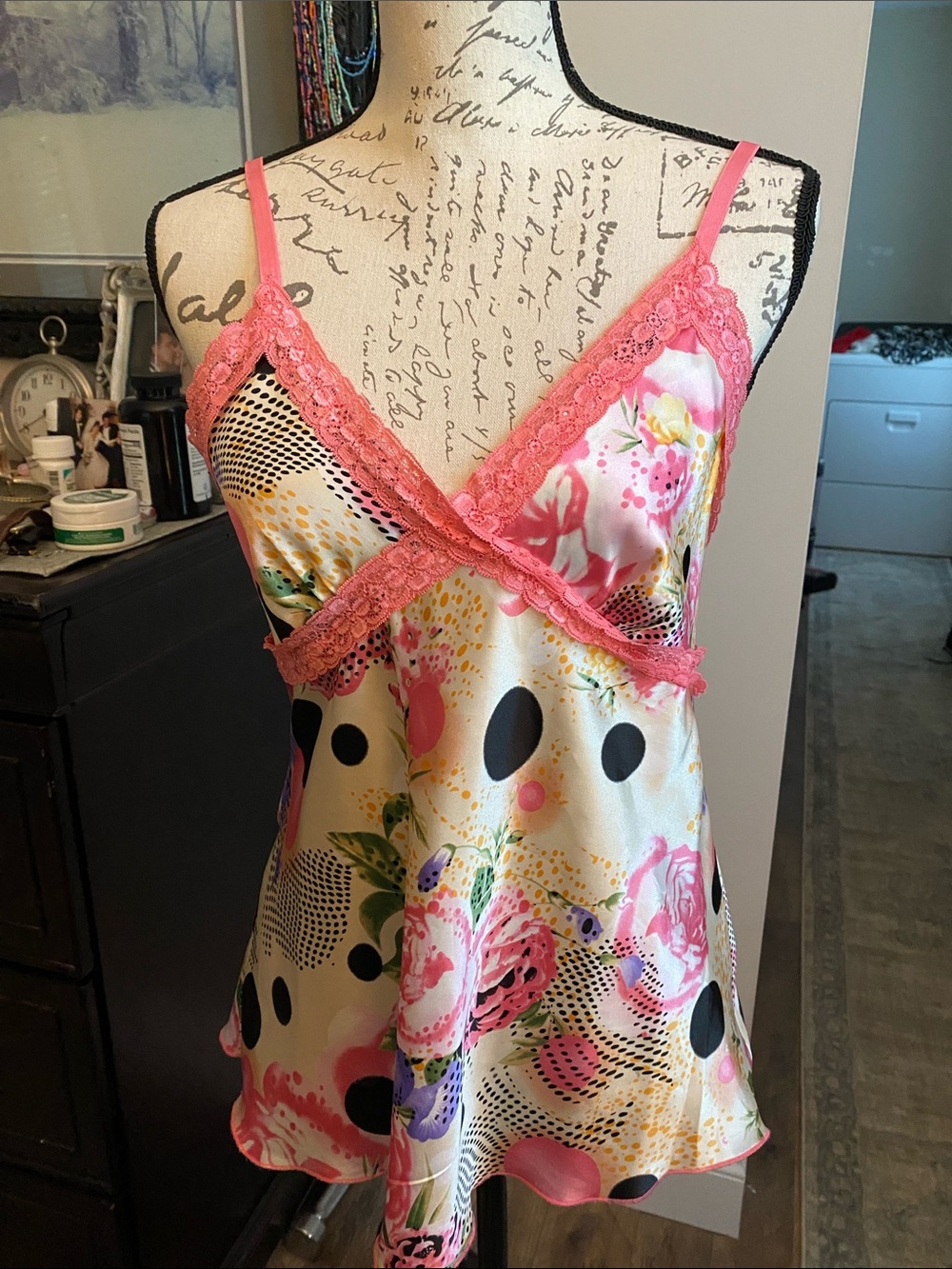 NICOLA Pink Lace-Trim Floral & Polka Dot Satin Camisole